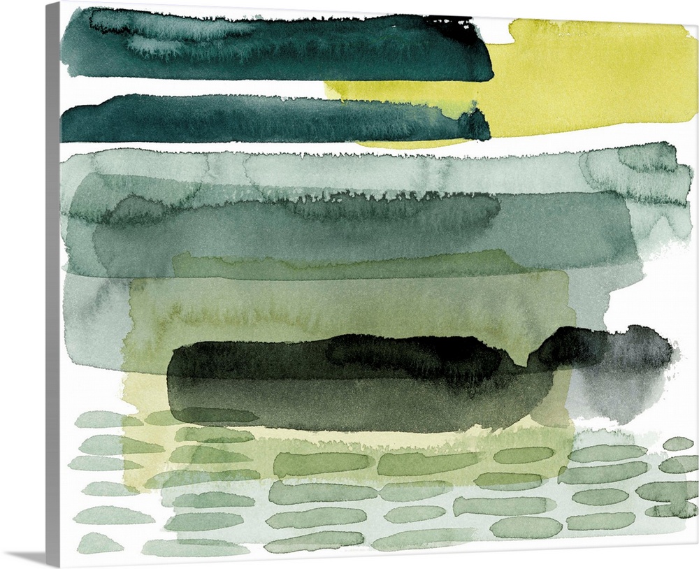 Watercolor artwork in overlapping shades of green and yellow on white.