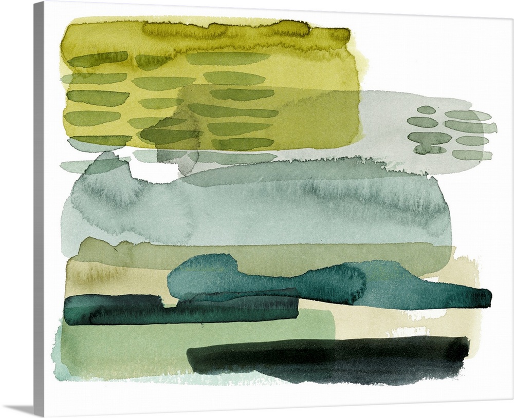 Watercolor artwork in overlapping shades of green and yellow on white.