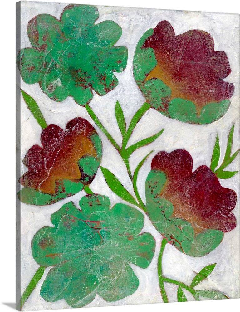 Folk art style illustration of three red flowers with green leaves on white.