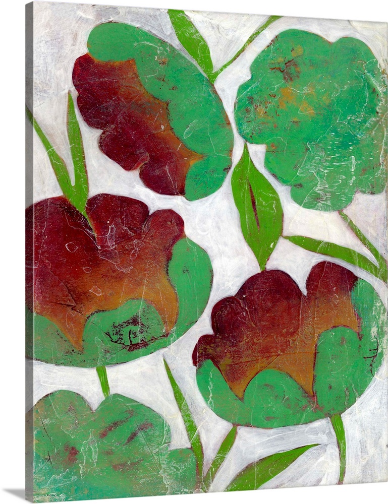 Folk art style illustration of three red flowers with green leaves on white.