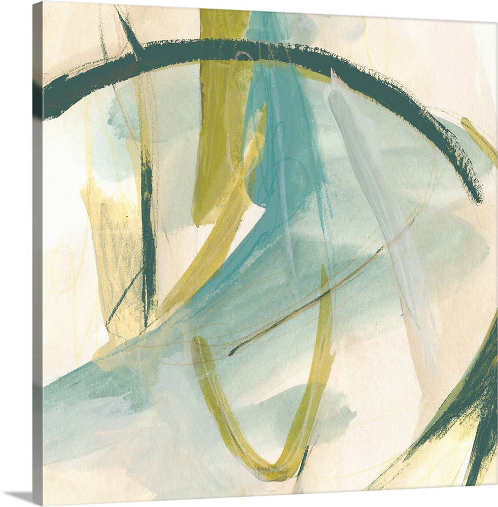 Modern abstract painting in yellow, teal, and beige.