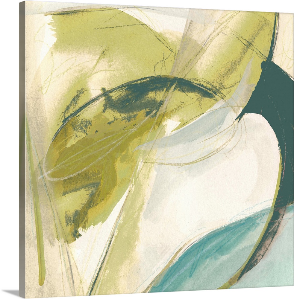 Modern abstract painting in yellow, teal, and beige.