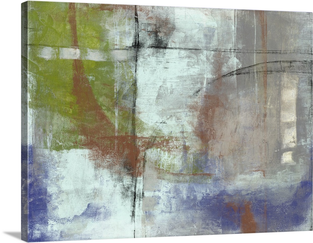 Contemporary colorful abstract painting with a weathered look.