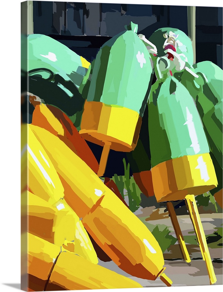 Brightly colored yellow and green fishing buoys.