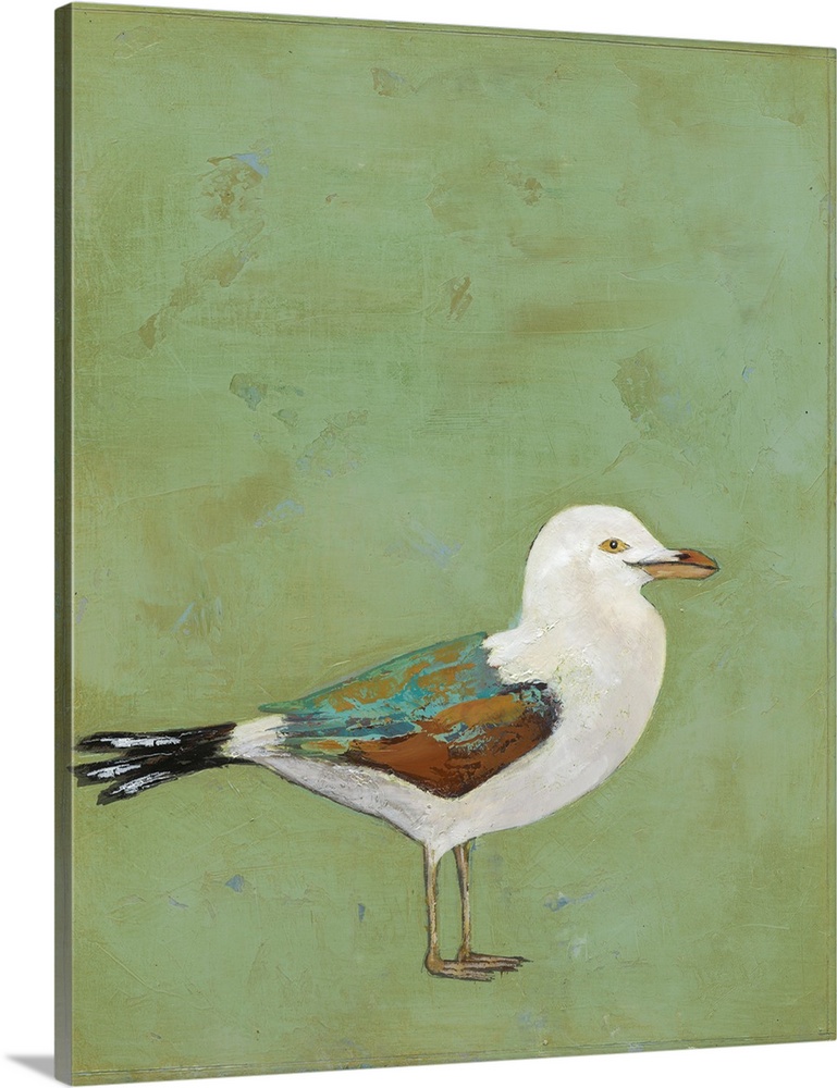 Contemporary painting of a seagull against a green background.