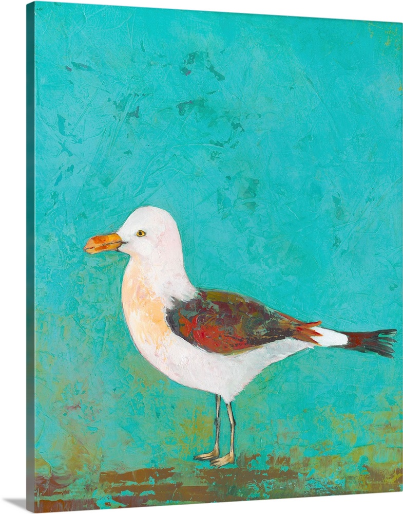Contemporary painting of a seagull against a blue background.