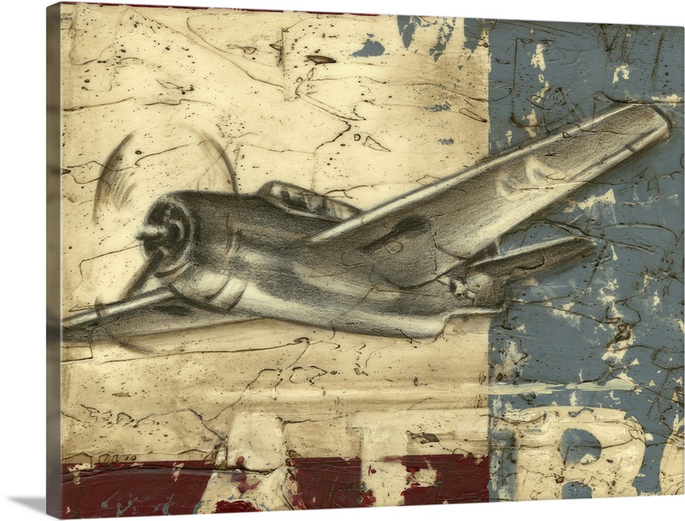 Contemporary artwork of a vintage airplane against a collage rustic looking background.