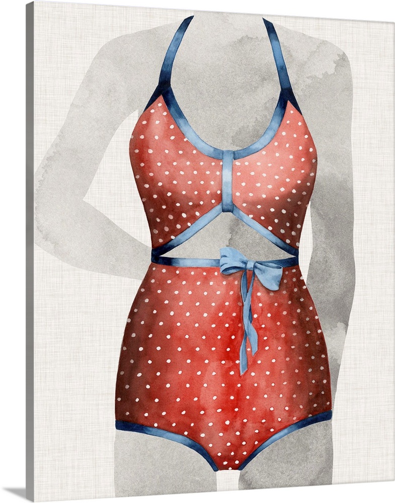 Watercolor painting of a vintage polka dotted bikini.