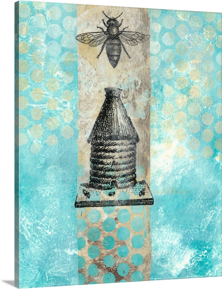 Abstract painting in blue shades embellished with vintage bee and beehive illustrations.