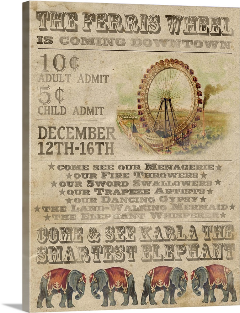 Vintage-style circus poster advertising a ferris wheel and elephants.
