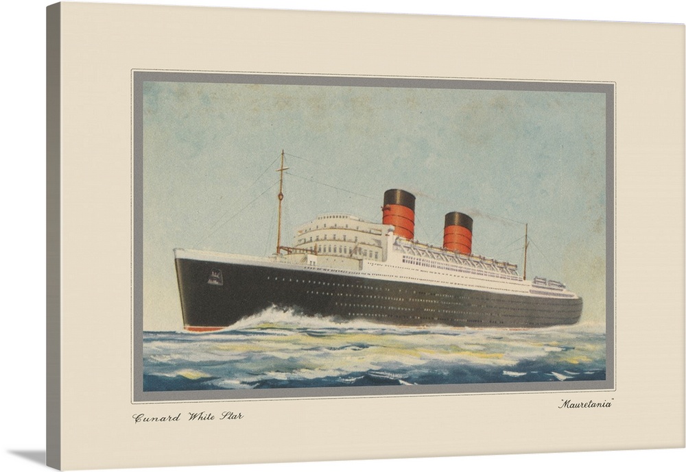 This vintage artwork features cruise ship named Mauretania, that was operated by a British shipping line that existed betw...
