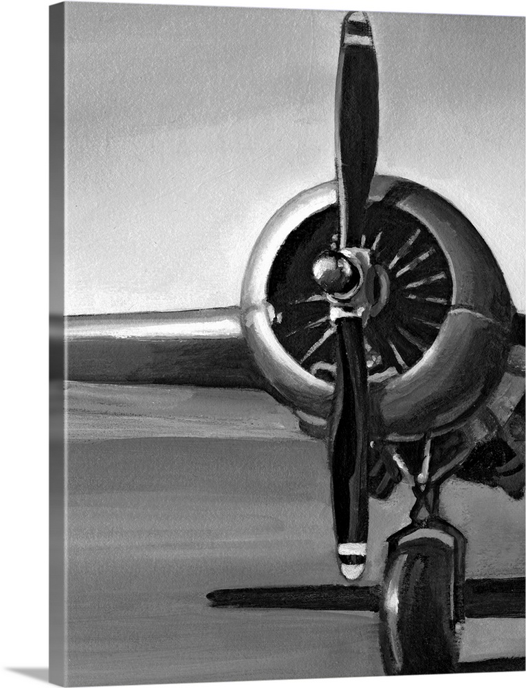 Vertical, oversized artwork of a wing, propeller and wheel on a vintage airplane, casting a shadow on the ground.