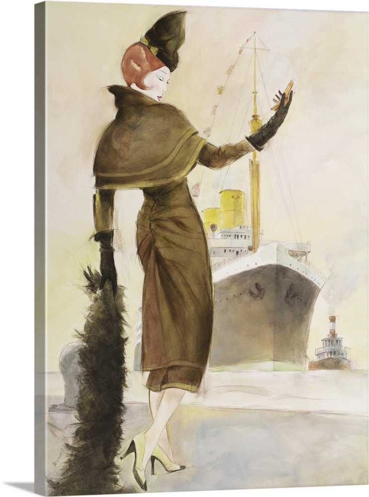 Vintage style illustration of a woman in a fur coat awaiting a ship.