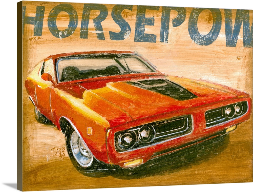 This is a horizontal painting of a muscle car against a neutral backdrop and a portion of the word horsepower cropped out.