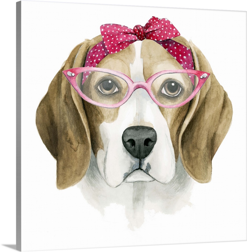 Humorous illustration of a beagle wearing large glasses and a bow.