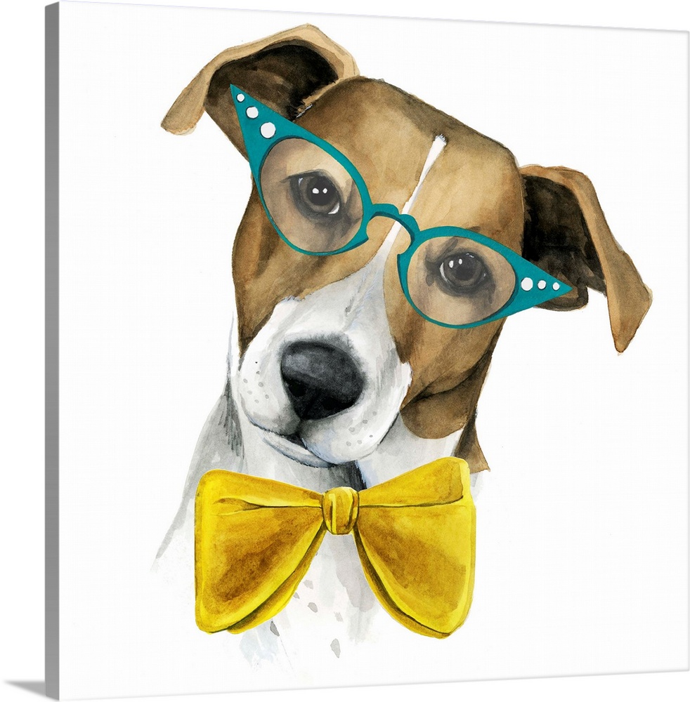 Humorous illustration of a Jack Russel Terrier wearing large glasses and a bow.