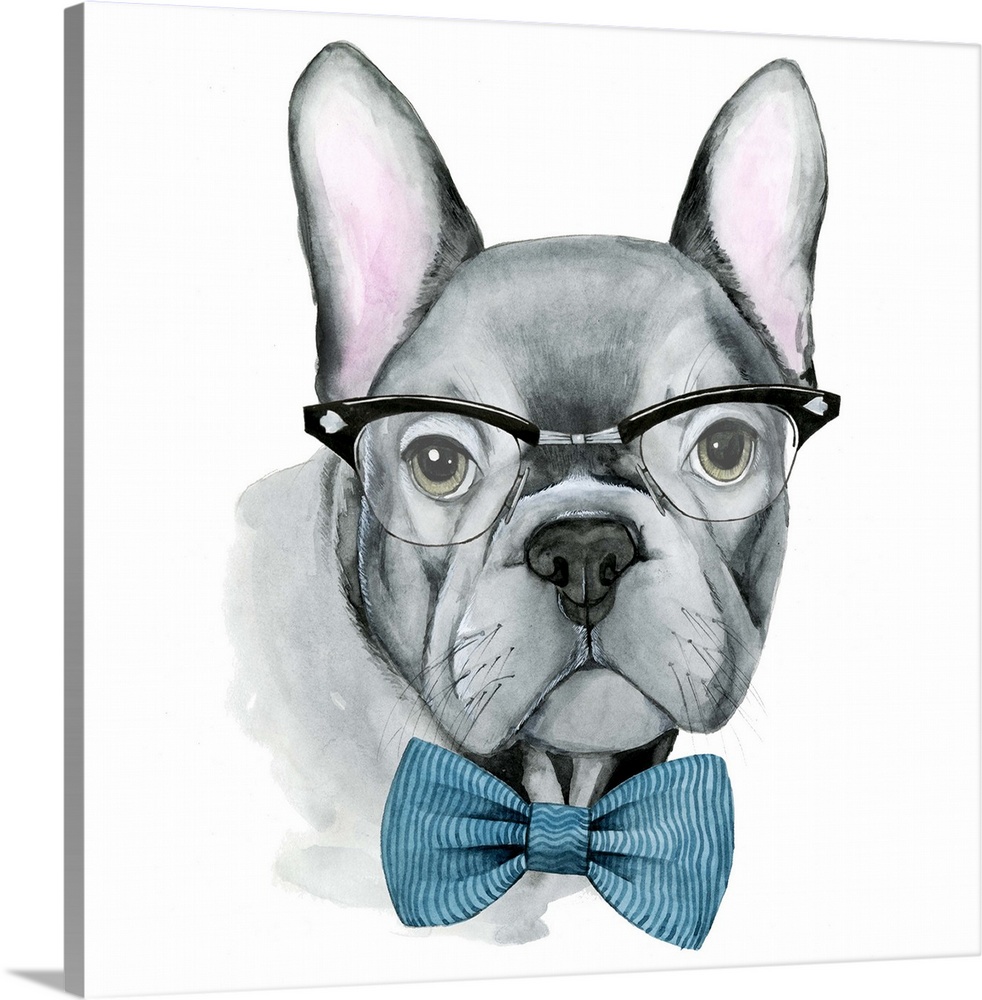 Humorous illustration of a French bulldog wearing large glasses and a bow.