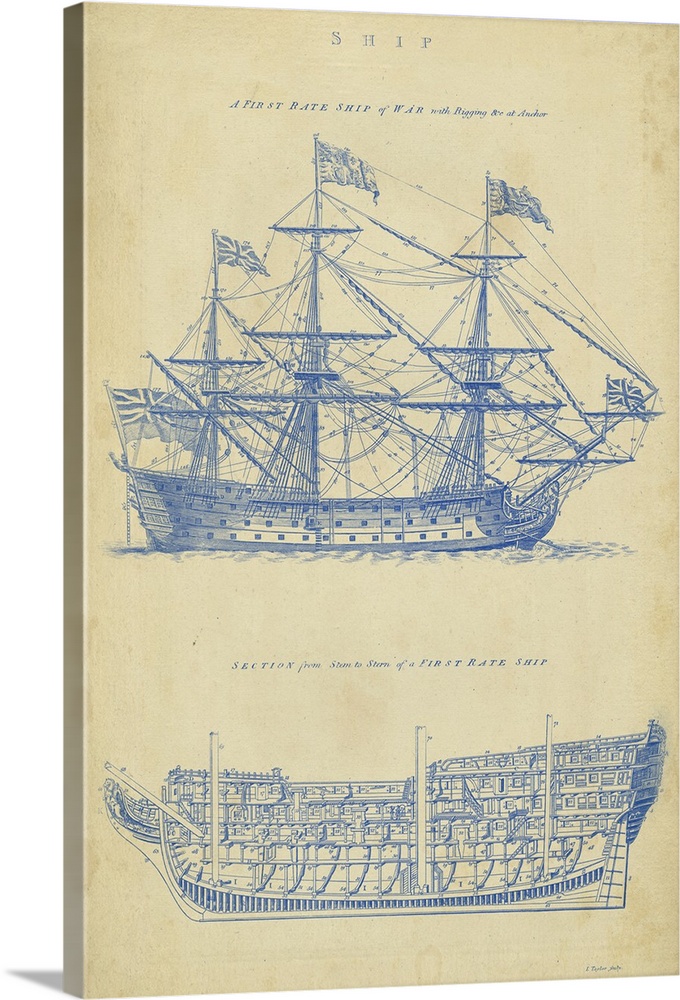 Sailing Ships by Wild Apple Blueprint Boat Vintage Print Poster 28x22 