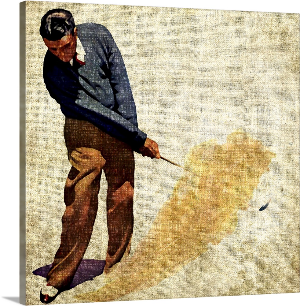 Artwork of golfer putting a ball with his club in mid air painted on a textured surface.