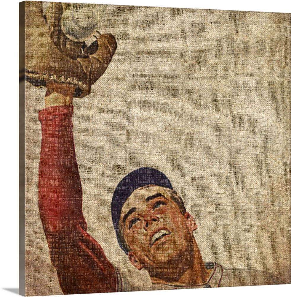 Square, giant vintage wall hanging of a male baseball player from the shoulders up as he reaches his mitt into the air to ...