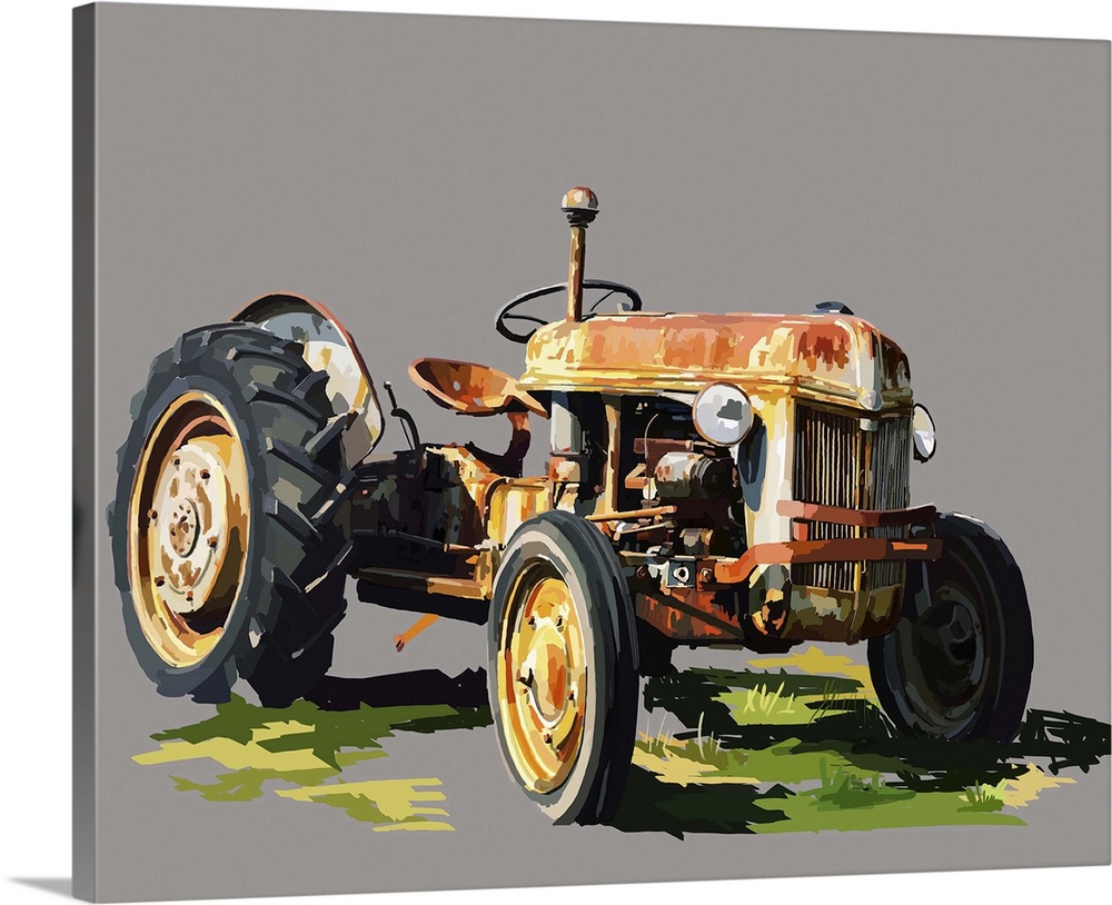 Artwork of classic farm equipment on a neutral grey background.
