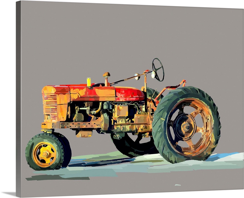 Artwork of classic farm equipment on a neutral grey background.