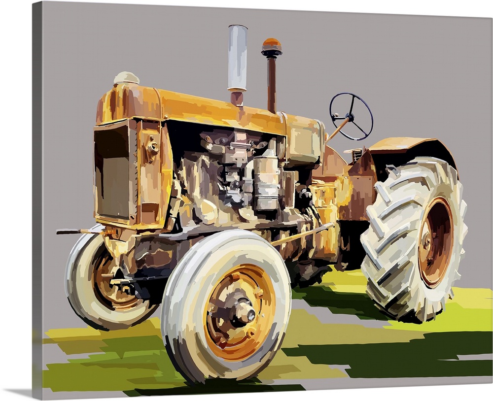 Illustration of an old orange tractor.