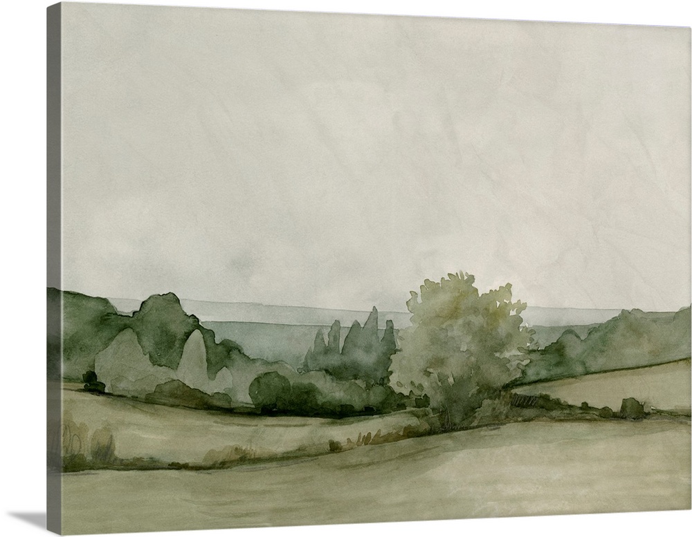A transitional pastoral scene of trees and hedges under a cloudy sky, in an abstract watercolor style