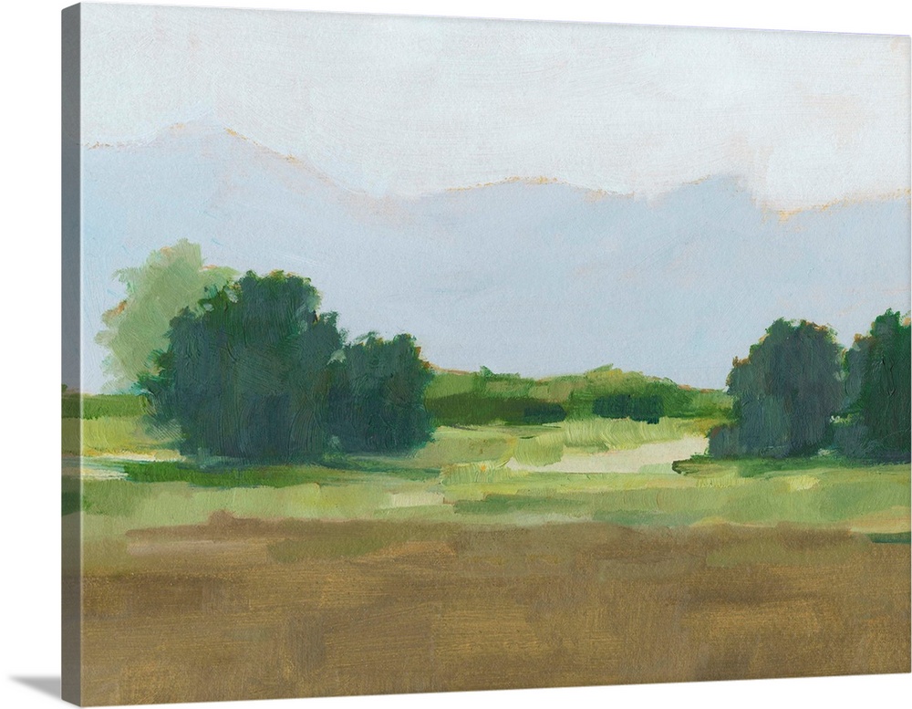 Contemporary landscape painting in green and brown with a mountain range in the distance.