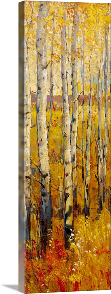 Oversized, vertical contemporary painting of a dense forest of birch trees in the fall, with golden leaves and foliage abo...