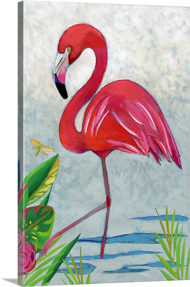 Vibrant painting of a flamingo in a tropical setting with gorgeous plants and flowers.