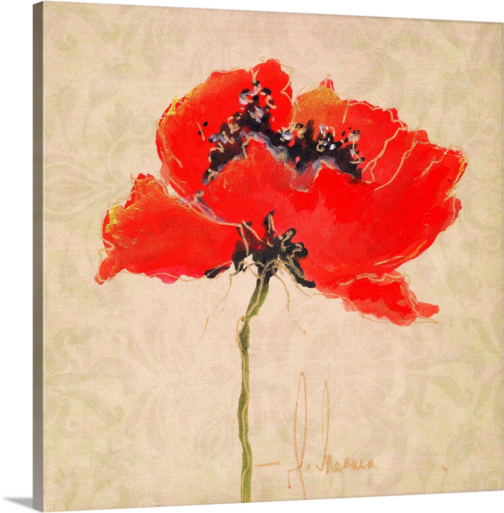 Contemporary painting of a bright red poppy against a beige background.
