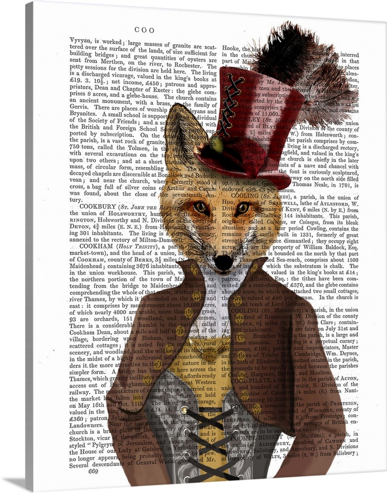 Portrait of a fox dressed in Victorian clothes painted over a vintage dictionary page.