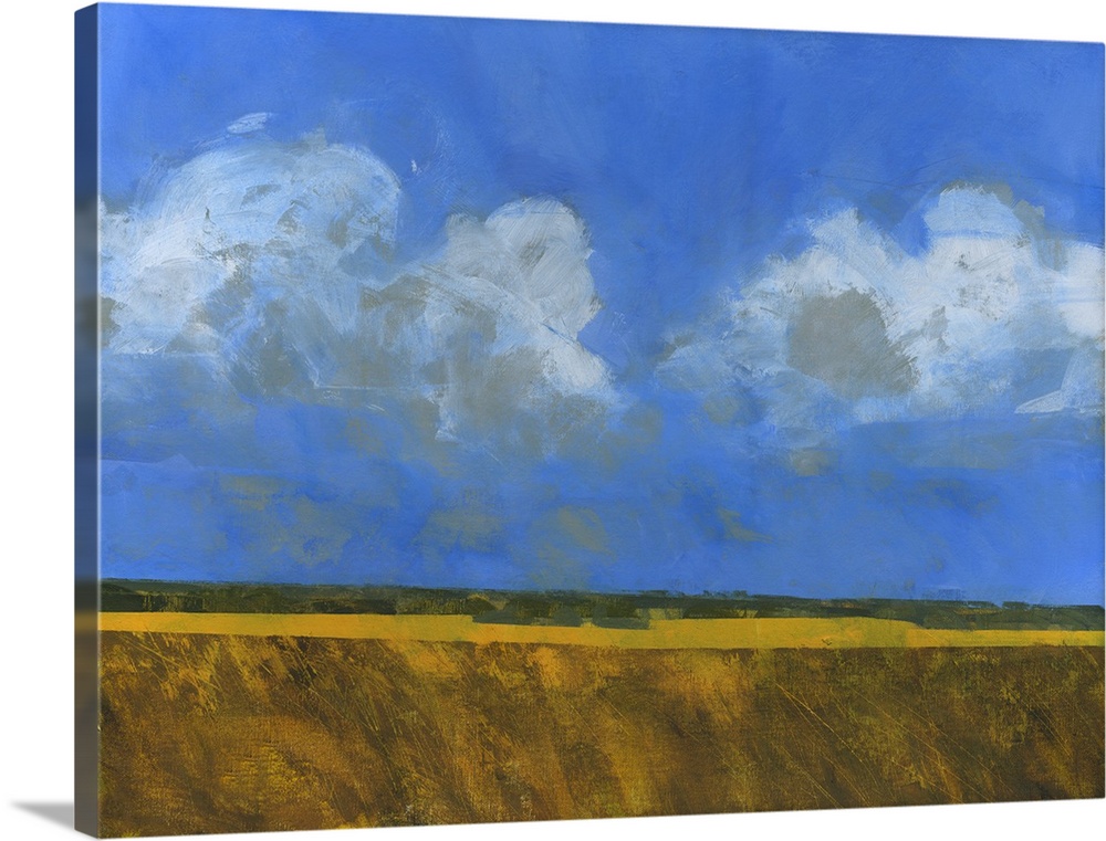 Contemporary painting of an open landscape with a large blue sky with several clouds.