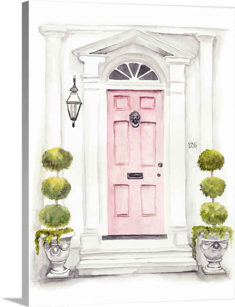 Watercolor artwork of a pink door with white columns and small topiaries.
