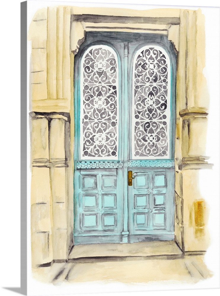 Artwork of a pale blue door with white lattice work over the windows.