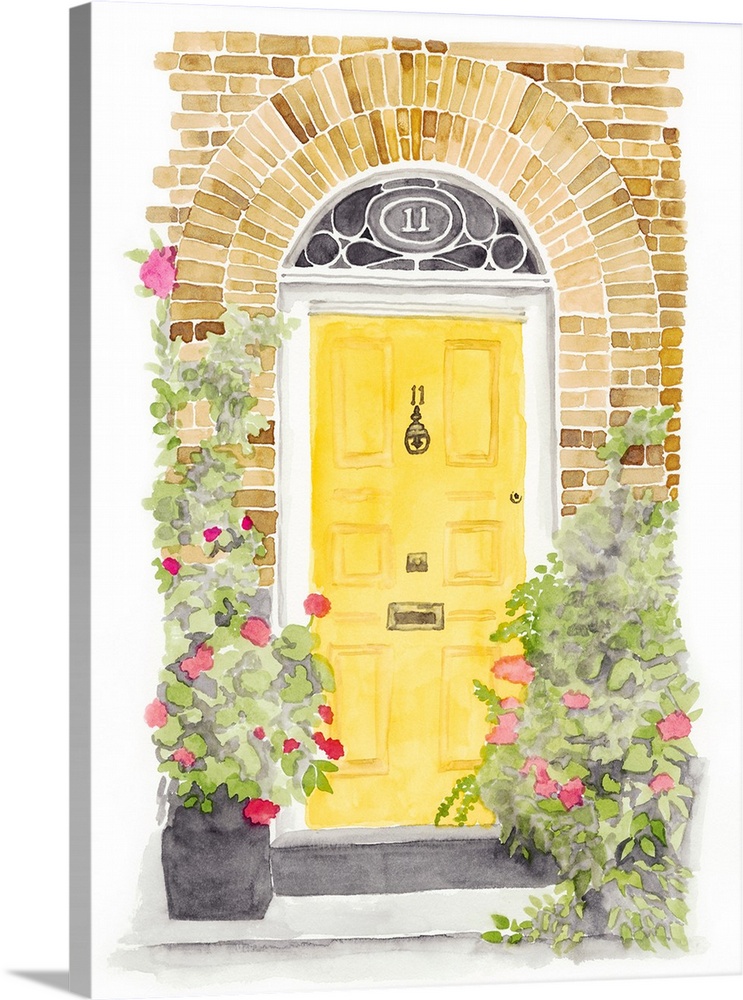 Watercolor artwork of a yellow door in a brick facade.