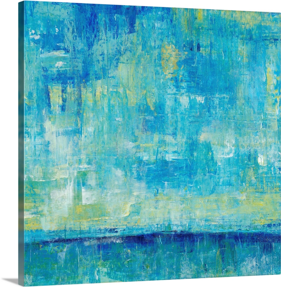 Abstract artwork of an ocean horizon in shades of teal and gold.