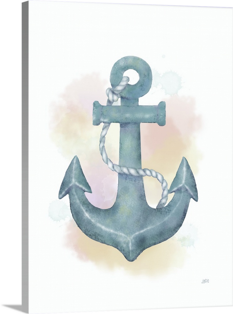 Nautical watercolor painting of an anchor in blue tones.