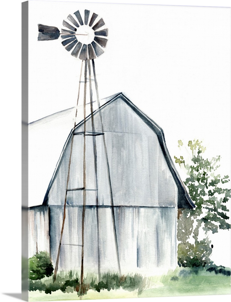 This watercolor painting features a serene barn with a windmill.
