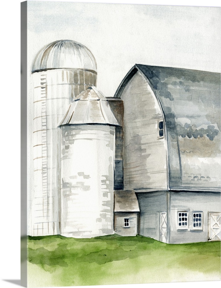 This watercolor painting features a serene barn with a silo.