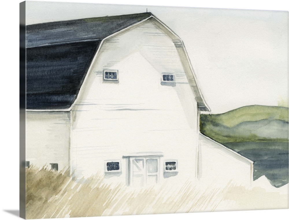 Watercolor landscape featuring a white barn in a field with rolling hills in the background.