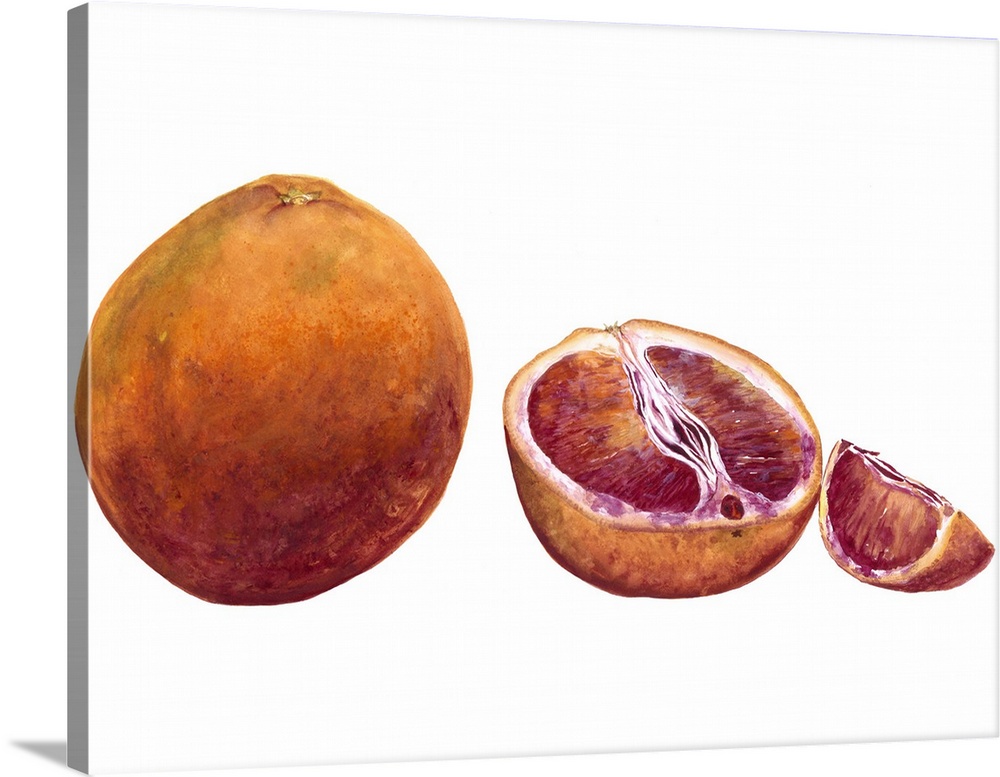 Watercolor painting of a whole and halved blood orange against a white background.
