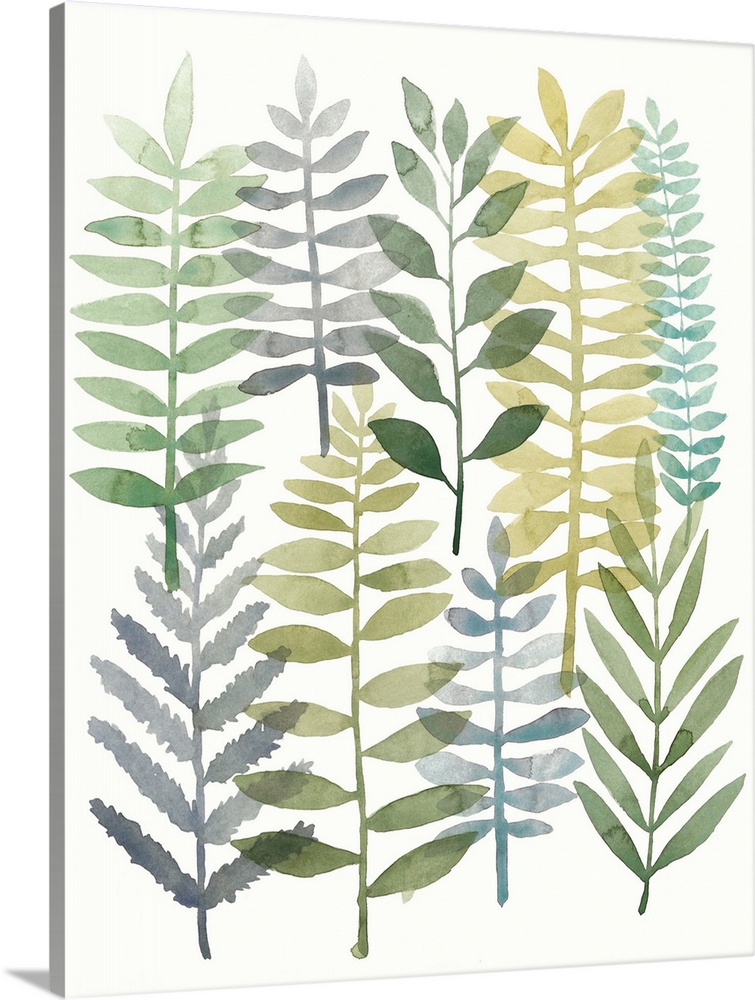 Watercolor painting of stalks of long frond of leaves.