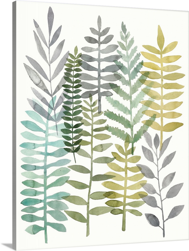 Watercolor painting of stalks of long frond of leaves.