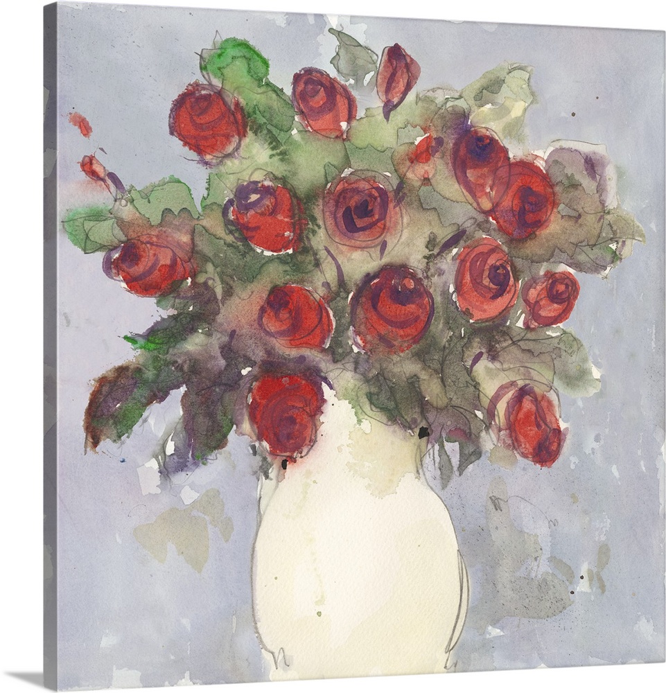 Watercolor painting of a bouquet of red roses in a white vase.