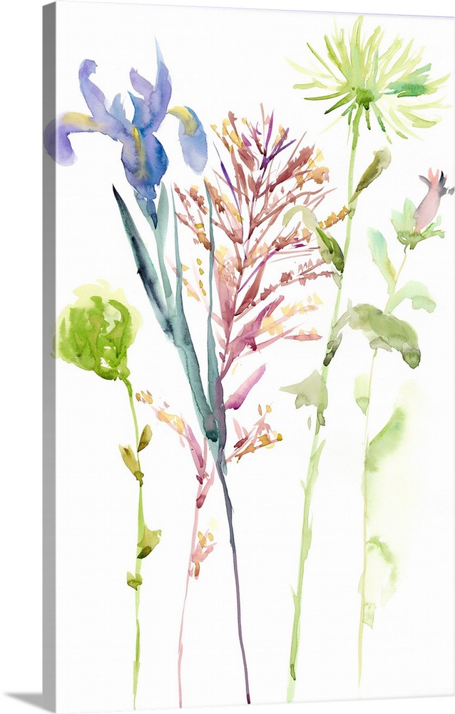 Watercolor art print of spring flowers in pink and blue with light green leaves.
