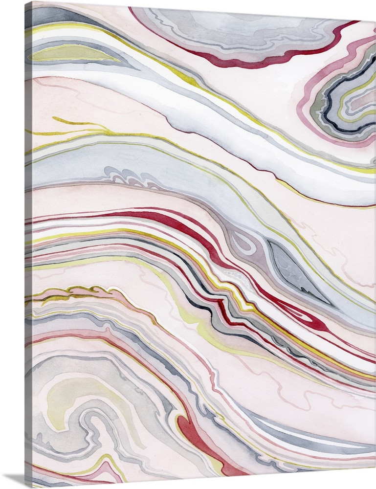 Abstract painting in marbled lines of pink, red, and yellow, resembling agate formations.