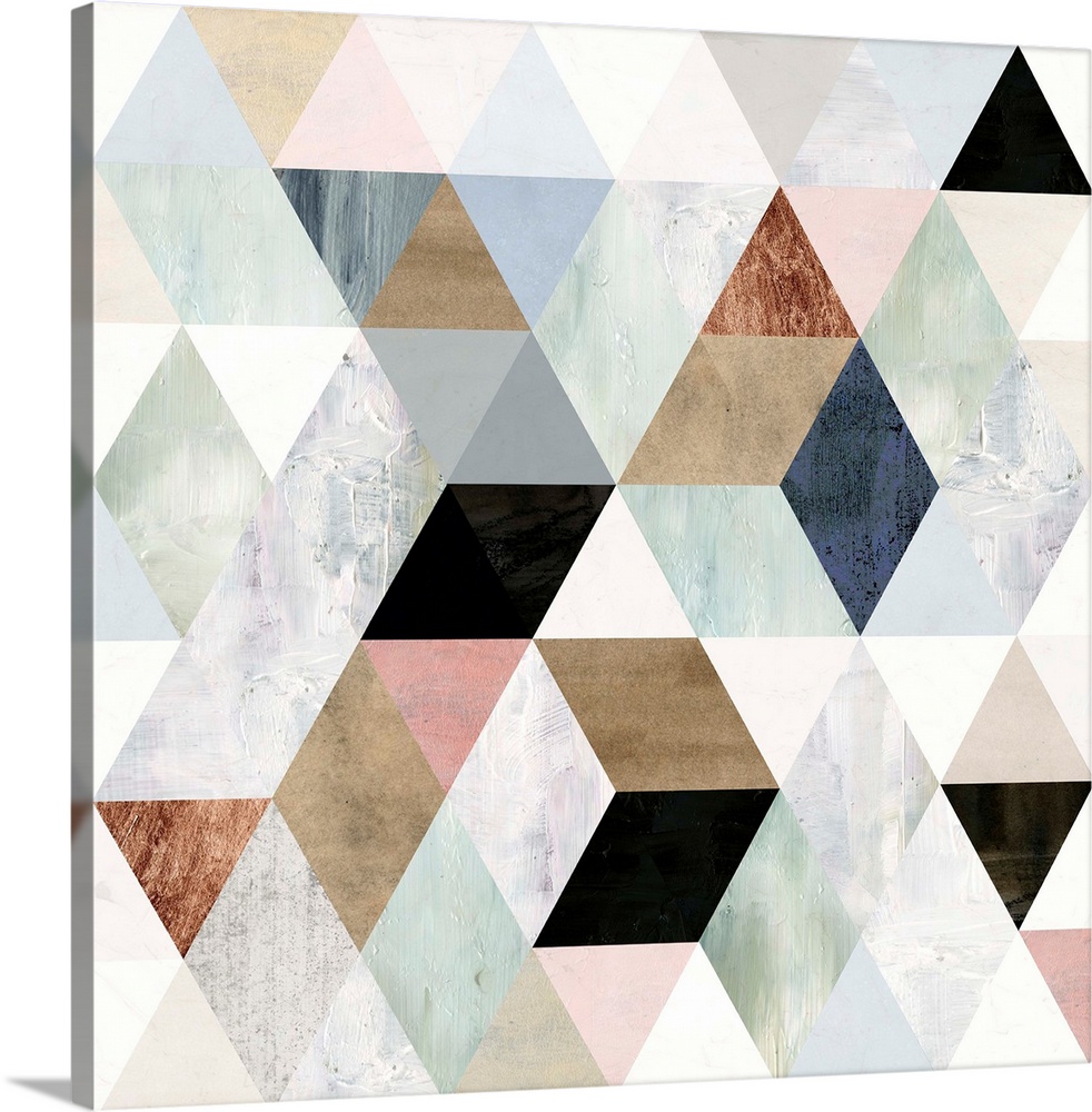 This contemporary artwork features painted textures in various colors arranged in a geometric design.