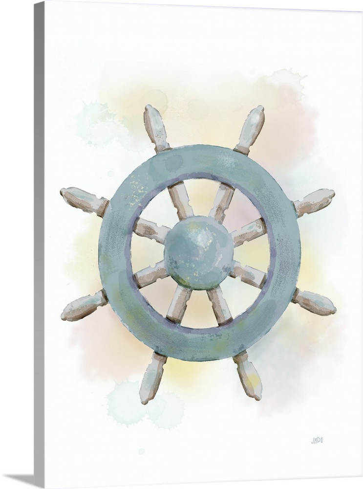 Nautical watercolor painting of a ship's wheel in blue tones.
